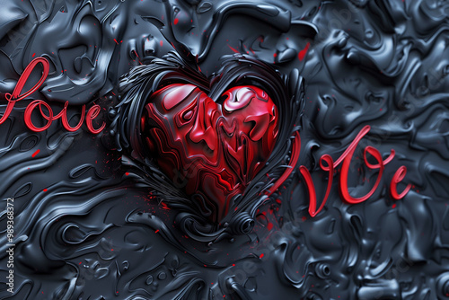 Red 3D heart with the inscription love on the background of black decorative wood. High quality illustration


