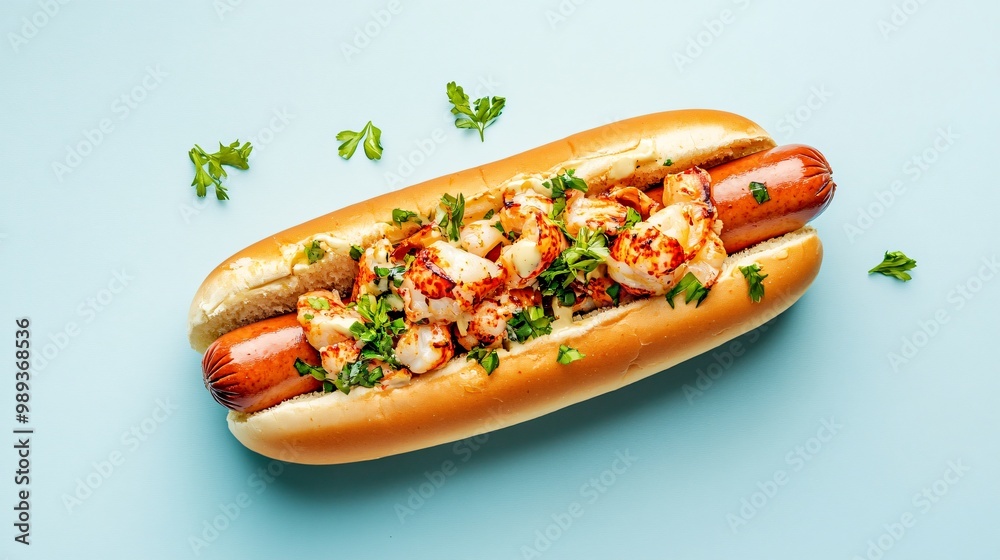 A gourmet hot dog with lobster and garlic butter, isolated on a light blue background for a luxurious, seaside-inspired dish A gourmet hot dog with lobster and garlic butter, isolated on a light blue background for a luxurious, seaside-inspired dish