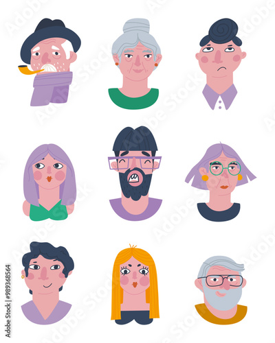 Avatar of men and women. Set of heads of people of different ages. Flat vector illustration