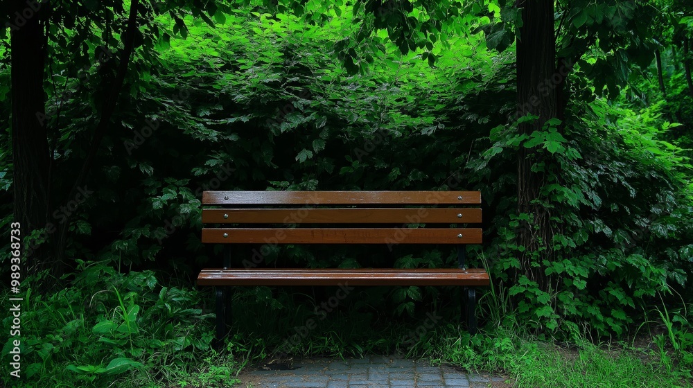 wooden bench in lush green forest nature park wooden bench in lush green forest nature park