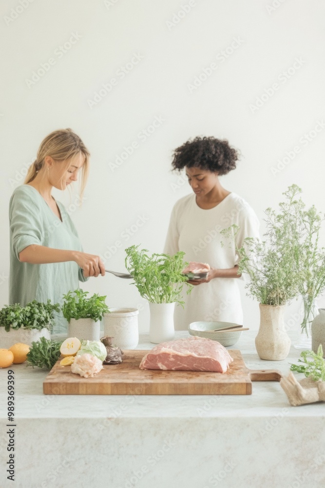 Minimalist Kitchen Diverse Adult Couple Preparing Sustainable Meal With Fresh Herbs and Lab-Grown Meat Minimalist Kitchen Diverse Adult Couple Preparing Sustainable Meal With Fresh Herbs and Lab-Grown Meat