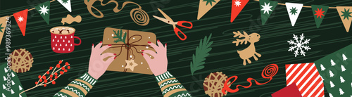 Preparing Christmas gifts . Eco-friendly concept.Natural materials for gift wrapping.Vector illustration in a flat style