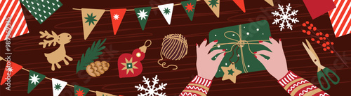 Preparing Christmas gifts . Eco-friendly concept.Natural materials for gift wrapping.Vector illustration in a flat style