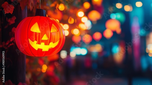 Wallpaper Mural Halloween festive atmosphere with carved pumpkin lantern and fairy lights decorated along the town street Torontodigital.ca