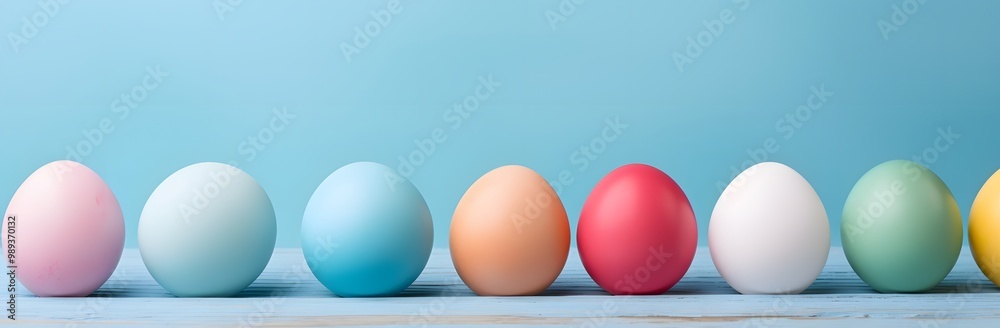 Colorful Easter Eggs Banner Design on Blue Wood Colorful Easter Eggs Banner Design on Blue Wood