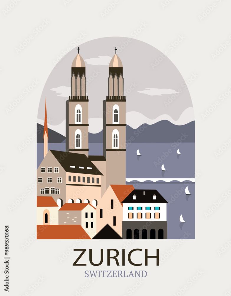 Zurich city Switzerland travel poster in arch Zurich city Switzerland travel poster in arch