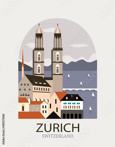Zurich city Switzerland travel poster in arch