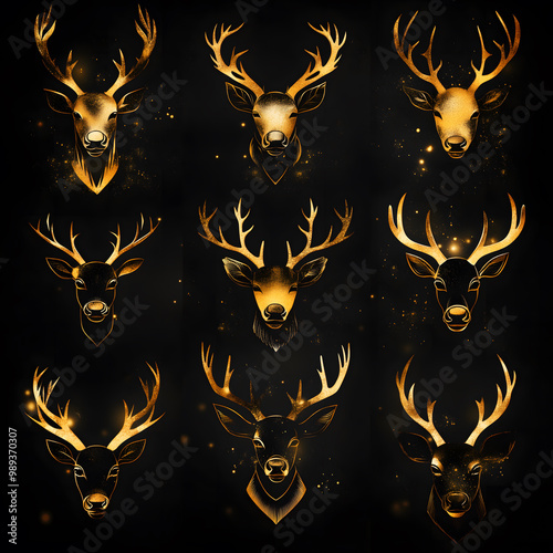 Elegant geometric reindeer head silhouettes in golden hues against a deep black background for festive decor. Generative AI