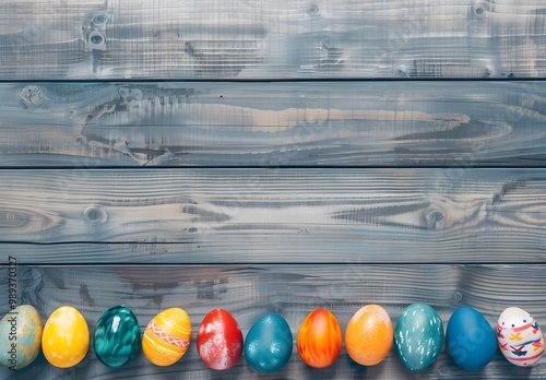 Colorful Easter Eggs on Wooden Background photo