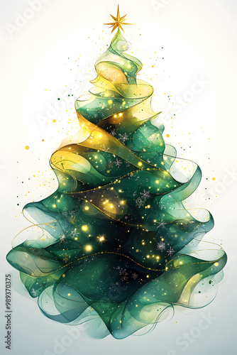 A stunning geometric Christmas tree in green and gold, featuring soft curves—ideal for festive winter decor. Generative AI
