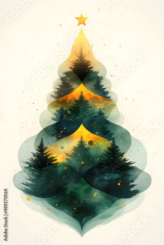 Unique geometric Christmas tree design on a white background, featuring layered foliage and a star on top for festive decor. Generative AI