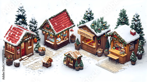 Charming Christmas isometric market stalls decorated with lights, nestled among snowy trees in a festive winter setting. Generative AI 