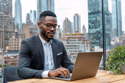 Businessman Working on Laptop in Urban Setting.