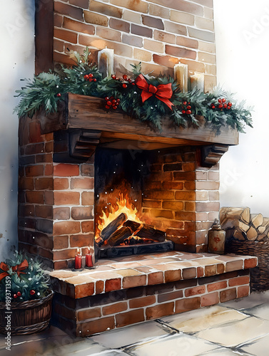 Cozy winter fireplace adorned with holiday decorations and crackling flames, creating a warm atmosphere in a traditional brick setting. Generative AI