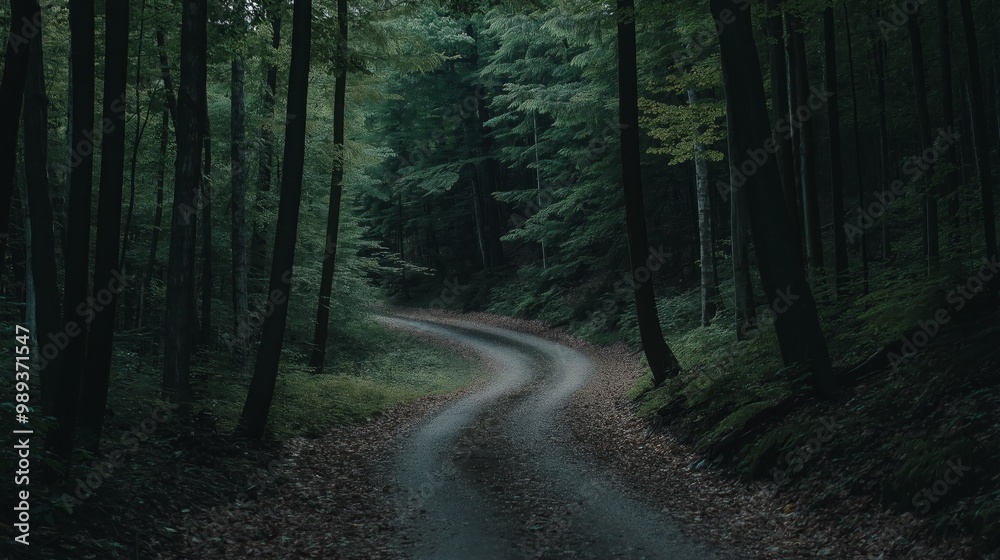 Fototapeta premium tall trees woodland along the country roadside, lush green forest with rural countryside way