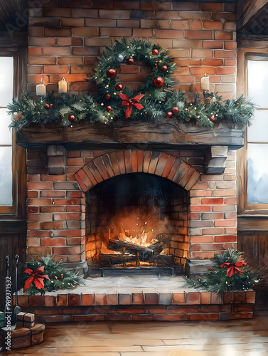 Warm and inviting traditional brick fireplace adorned with holiday decorations in a cozy living room during winter evenings. Generative AI