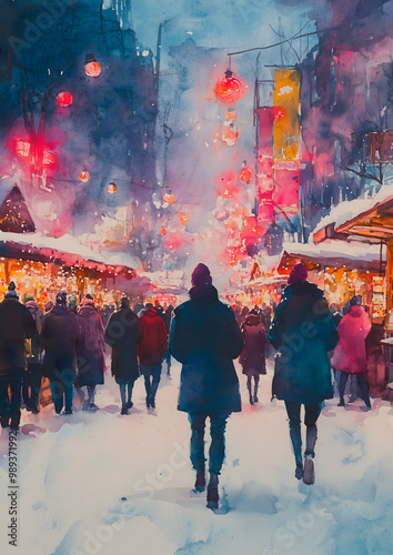 People browsing through a cozy winter market filled with lights and festive decorations during a snowy evening. Generative AI