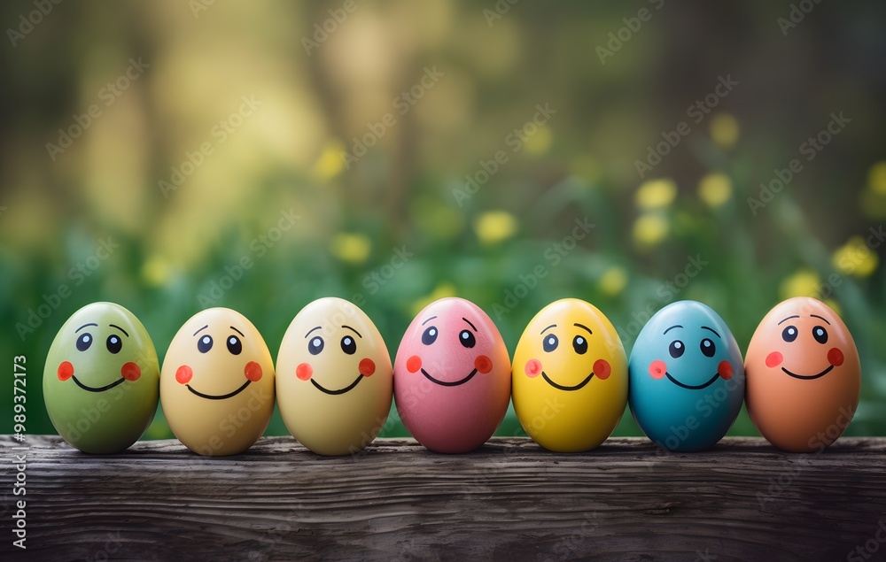 Smiling Easter Eggs on Wooden Plank Smiling Easter Eggs on Wooden Plank