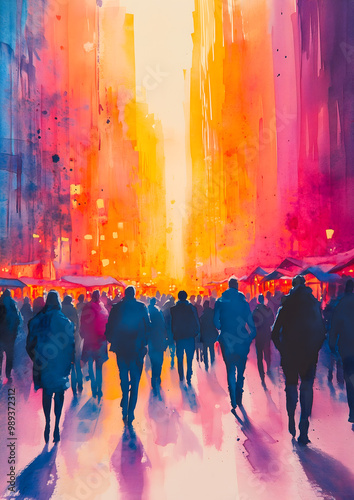 People walk down a bustling city street, bathed in the warm glow of the setting sun. Generative AI