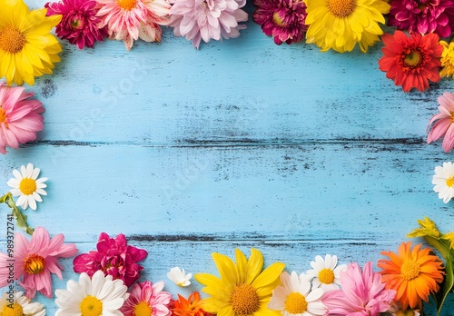 Colorful Flowers Border on Blue Wooden Background
