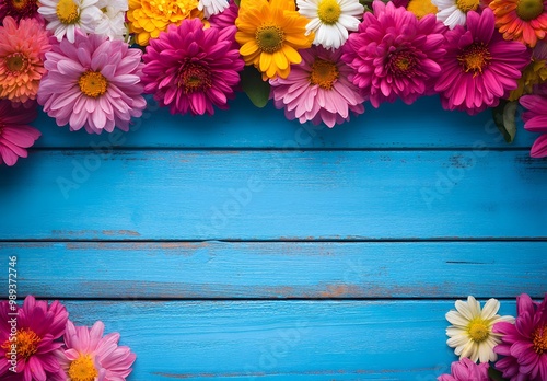 Vibrant Flower Border on Blue Wooden Background