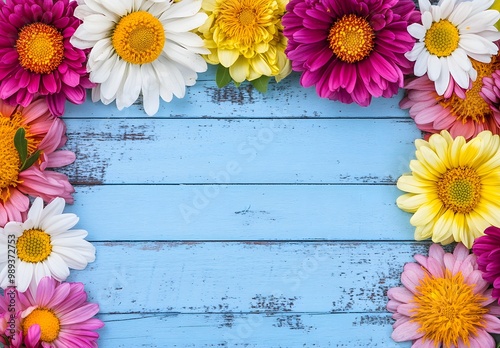 Colorful Flowers Border on Blue Wooden Background