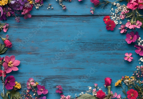 Colorful Floral Frame on Blue Wood Background