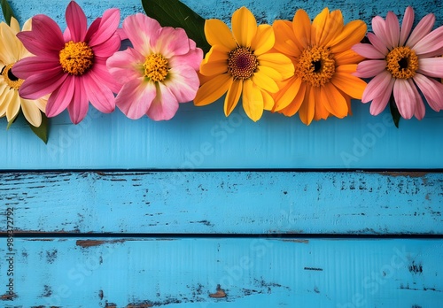 Colorful Flowers on Blue Wooden Background