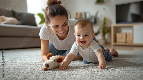 Joyful Mother and Baby Playing on Carpet at Home