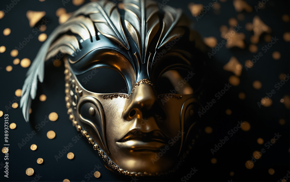 Close-up Venetian carnival mask on a dark background with gold decor. Masquerade for New Year and Christmas celebrations. Close-up Venetian carnival mask on a dark background with gold decor. Masquerade for New Year and Christmas celebrations.