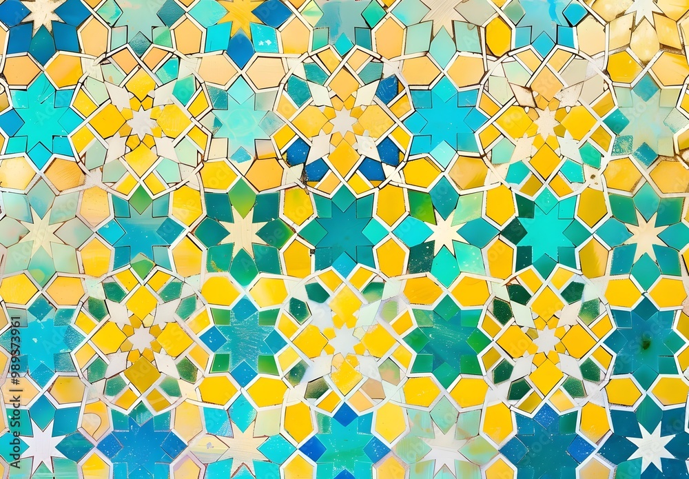 Islamic Geometric Tile Pattern in Yellow, Blue, Green, and Turquoise Islamic Geometric Tile Pattern in Yellow, Blue, Green, and Turquoise