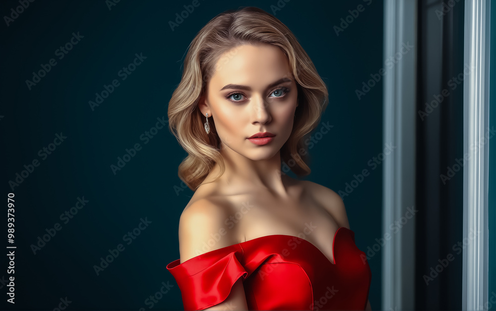 Portrait Attractive young woman in red dress. Outfit for New Year's party. Portrait Attractive young woman in red dress. Outfit for New Year's party.