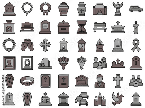 Set of funeral icons for memorial services and burial rituals
