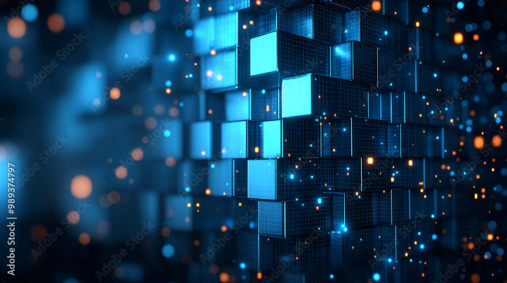 Obraz premium A vibrant display of blue and orange glowing cubes creates a dynamic visual effect in a digital space