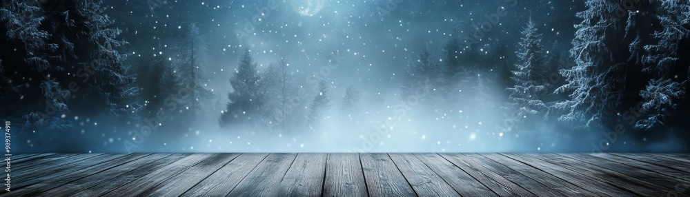 A serene winter landscape featuring a wooden deck and snowy trees under a moonlit sky, evoking tranquility and peace. A serene winter landscape featuring a wooden deck and snowy trees under a moonlit sky, evoking tranquility and peace.