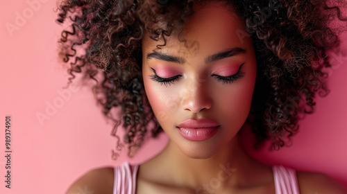 luxury fashion model, the African American woman poses in a studio with a pink wall, looking downward