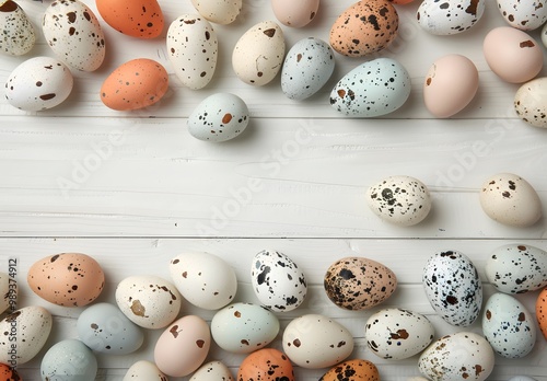 Pastel Easter Eggs & Quail Eggs on White Wood