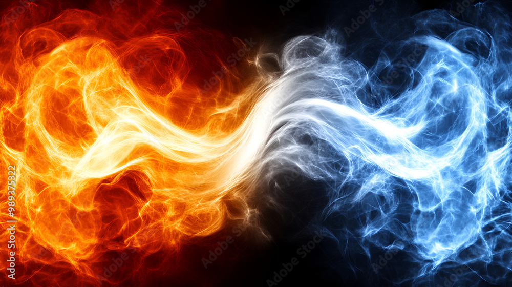 A dynamic contrast of fiery orange and cool blue wisps swirling together in an abstract representation of elemental forces A dynamic contrast of fiery orange and cool blue wisps swirling together in an abstract representation of elemental forces