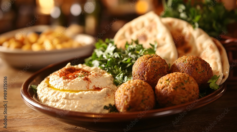Close-up of a plate of hummus with falafel and pita bread. Close-up of a plate of hummus with falafel and pita bread.