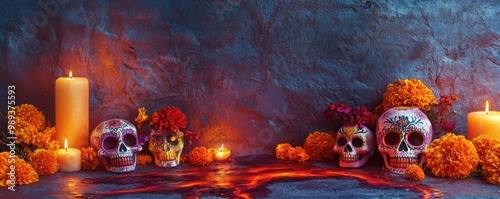 Colorful sugar skulls with marigolds and candles on a vibrant blue background for Day of the Dead. photo