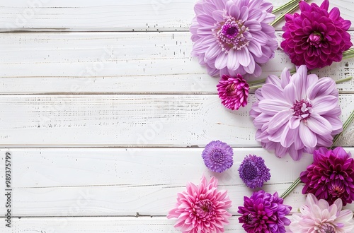 Purple & Pink Flowers on White Wooden Background