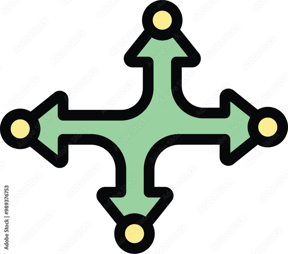 Four way arrow sign with circles is showing different directions for decision making Four way arrow sign with circles is showing different directions for decision making