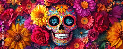 Vibrant sugar skull adorned with colorful flowers on a vivid background.