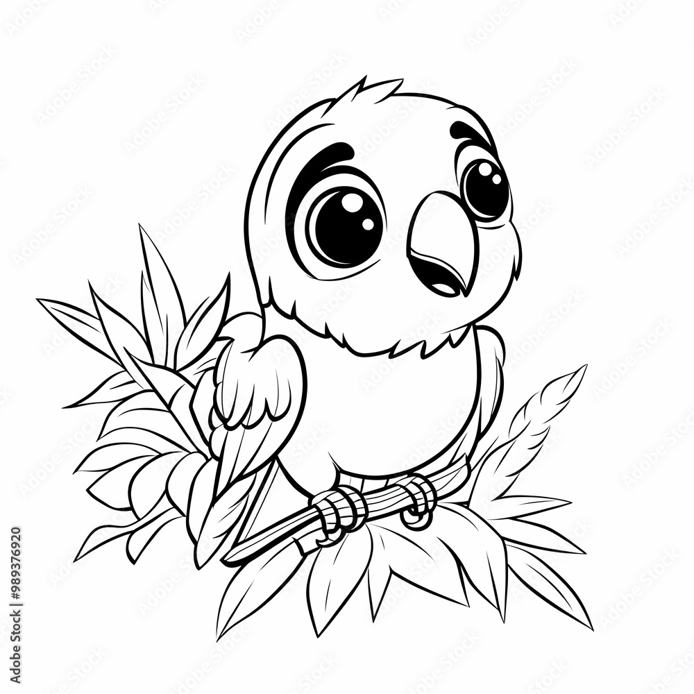 Cute Parrot Illustration with Tropical Leaves Cute Parrot Illustration with Tropical Leaves
