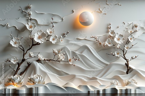 A white cushioned chair with magnolia blossoms, placed in a minimal white setting with a white figure sculpture in the center.