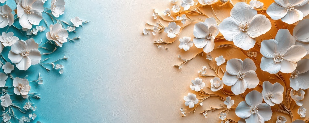 3D paper art of delicate small white flowers on a vibrant backdrop blending turquoise and gold hues 3D paper art of delicate small white flowers on a vibrant backdrop blending turquoise and gold hues