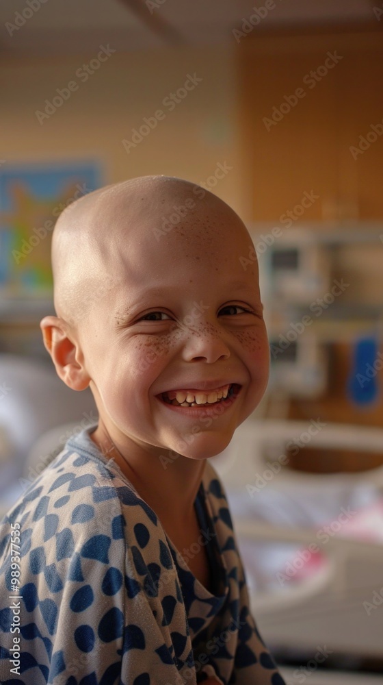 A smiling child with a shaved head in a hospital room. bald after chemotherapy. oncology and cancer. A smiling child with a shaved head in a hospital room. bald after chemotherapy. oncology and cancer.
