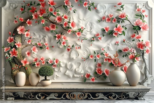 A white folding chair with soft pink petals, against a white background with a central white contemporary sculpture.