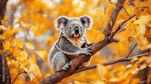 A cute koala sitting on a tree branch surrounded by yellow leaves in an autumn park, gazing curiously at the camera. photo