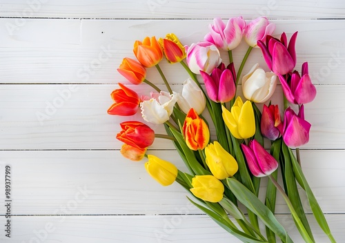 Colorful Tulip Bouquet in Heart Shape on White Wooden Background